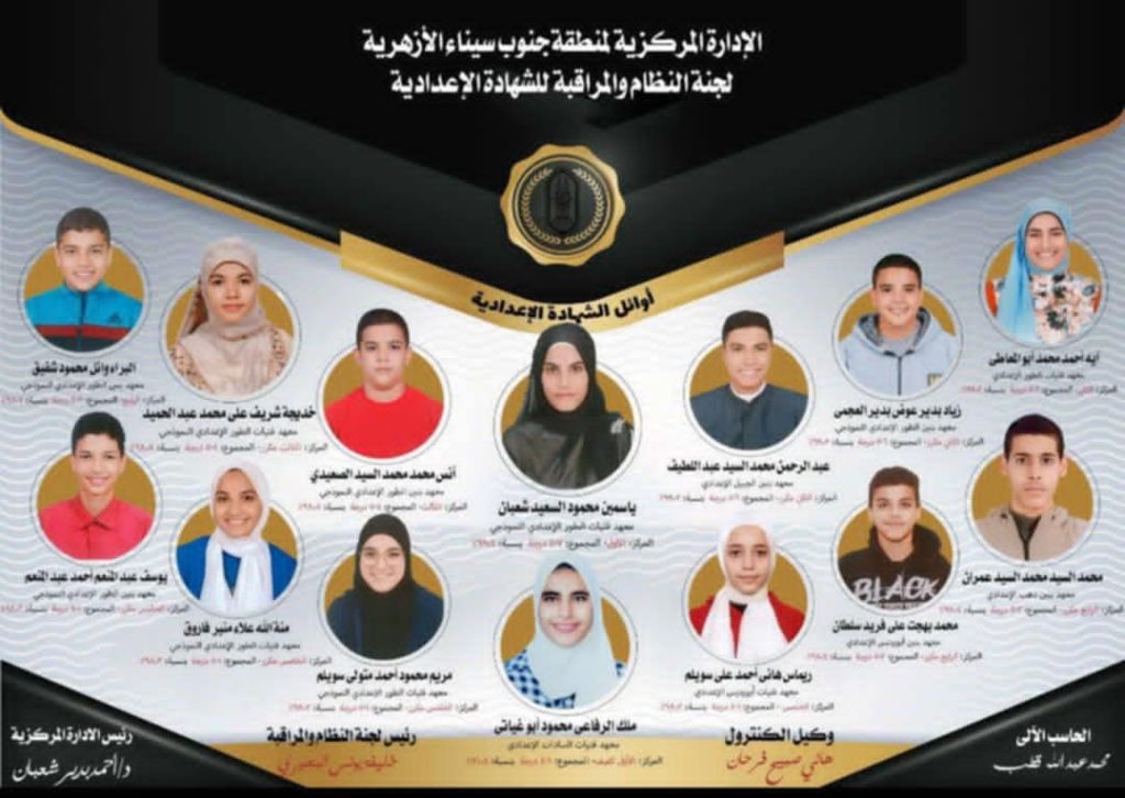 رئيس حزب الجبهة الوطنية بجنوب سيناء يقدم التهنئة لأوائل الشهادة الاعدادية الأزهرية