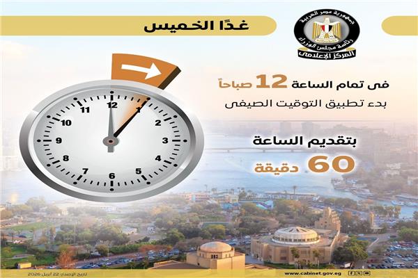 الحكومة: بدء العمل بالتوقيت الصيفي اعتباراً من مساء غداً الخميس وحتى نهاية أكتوبر