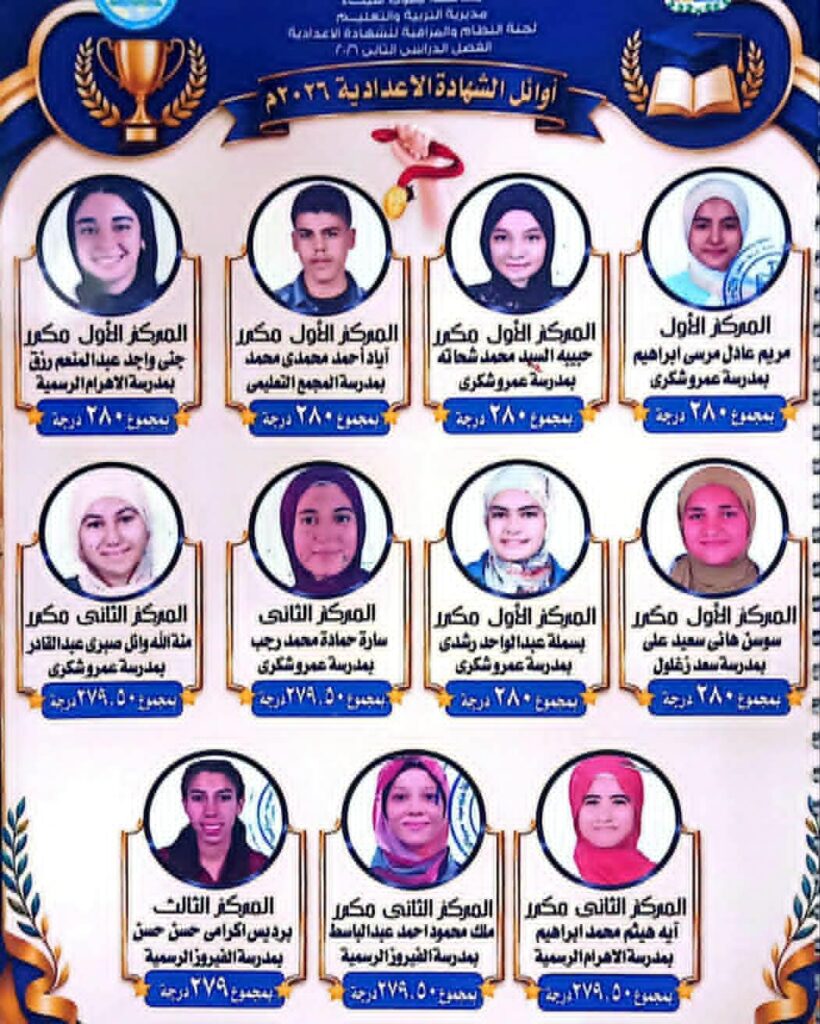 بالاسماء تعليم جنوب سيناء يعلن نتيجة الشهادة الإعدادية للعام الدراسي 2025 / 2026 بنسبة نجاح 81.76% ويهنئ الطلاب المتفوقين