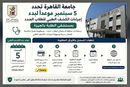 جامعة القاهرة تحدد 5 سبتمبر لبدء الكشف الطبي للطلاب الجدد 2026